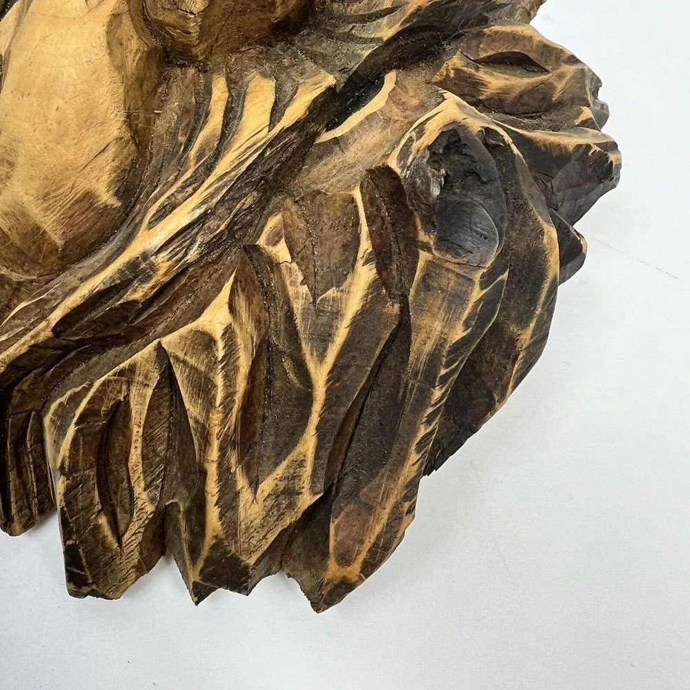 Vintage Artisan Real Wood Hand Carved Old Man Wall Hangings Set of 2 Bearded